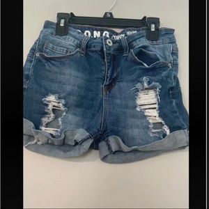 High rise distressed denim shorts